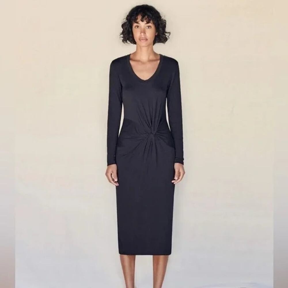 Sundry Black Knotted Waist Slit Long Sleeve Scoop Neck Tencel Midi Dress Small